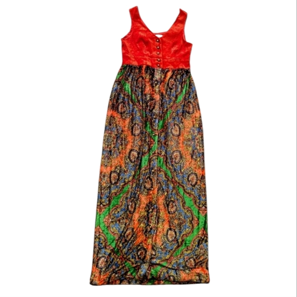 Vintage Campus Casuals Velour Tapestry Maxi Dress 70's Hippie Boho Paisley S